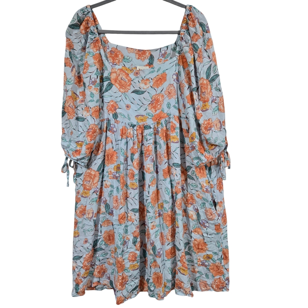 Hayden Los Angeles Blue Orange Floral Short Tie Sleeves Pockets 1XL